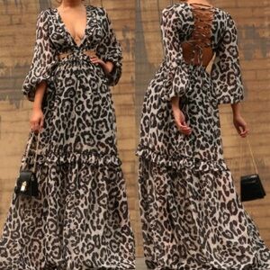 Elegant Leopard Print Long Sleeve Maxi Dress